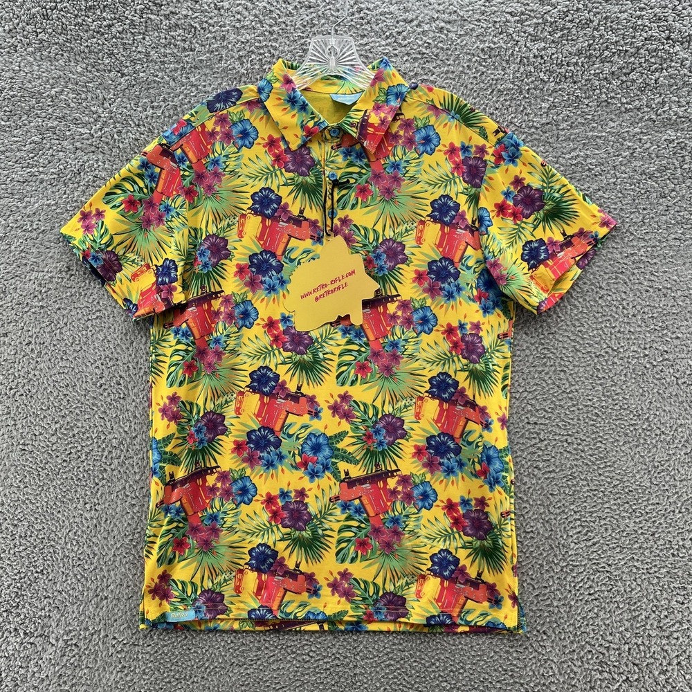 Retro Rifle  Polo Shirt Men Medium Yellow Hawaiian Bliss Vector Performance Golf